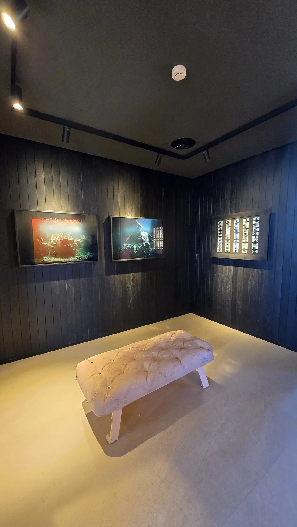 Rincón de galería con fotografía artística enmarcada y banqueta tapizada